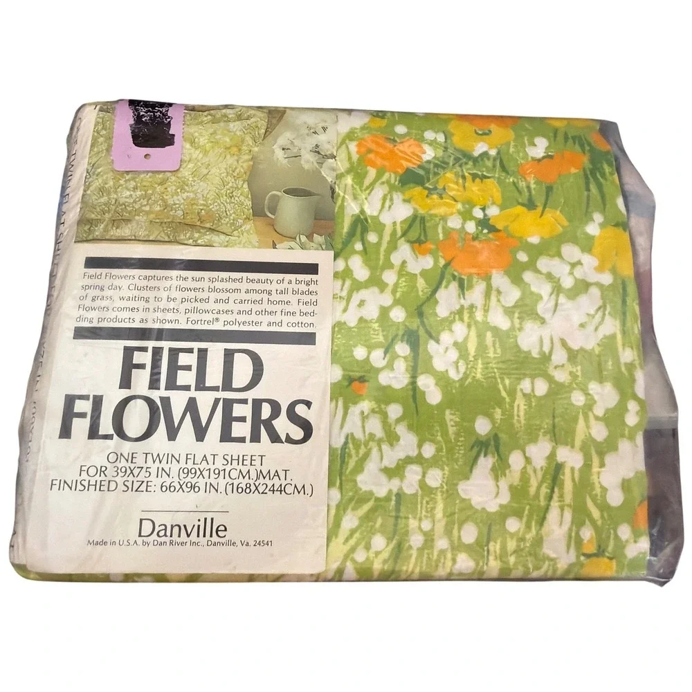 Vintage Danville Twin Flat Sheet Field Flowers Cottagecore Retro Floral Green